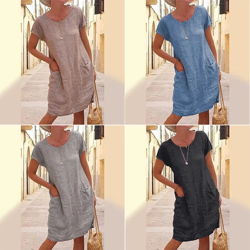 Sommer Damen Baumwolle Leinen Midikleid Damen lässig locker Pullover Tasche Kleid - Bild 5 von 17
