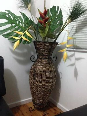 Large Wicker Weave Floor Vase With Wrought Iron