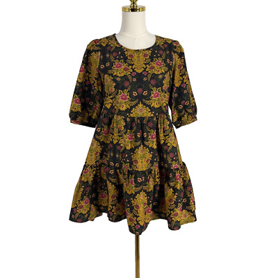 Farm Rio Womens Black Arabesque Mini Dress XS Floral Puff Sleeve Tiered Boho