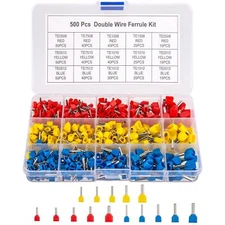 500PCS Double Wire Ferrules Kit Insulated Crimp Pin Terminals AWG 14-22