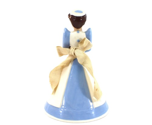 Hand Bell NURSE Figurine Blue & White Dress Leg Clapper Ceramic Vintage - Picture 5 of 9