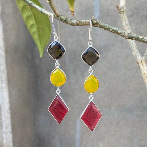 925 Sterling Silver Beautiful Ruby, Lemon, Smoky Quartz Long Elegant Hoop Earing - Picture 3 of 7