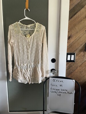 A'reve Cream Embroidery Lace Button Up Blouse Sz M