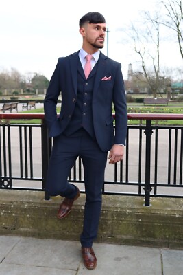 Herren Marineblau Dreiteiler Anzug Hochzeit Rennen Abschlussball Bräutigam Formell Stretch Passform
