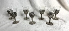 Vintage Set of 7 Silverplated Aperitif Goblets with Vessels Glass Floral Design