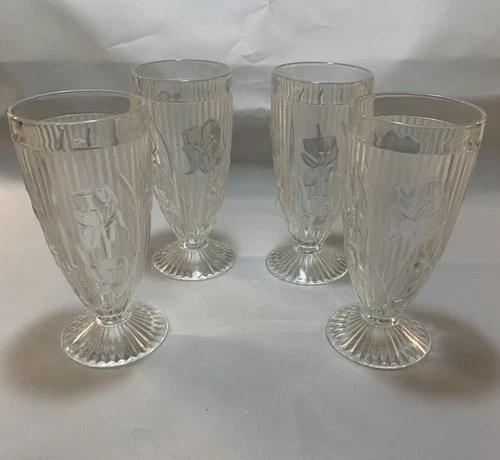 Jeannette Iris & Herringbone Clear Footed Tumbler Depression Glass Set of 4
