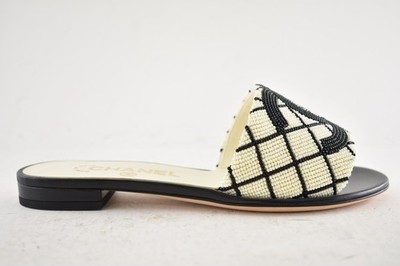 Chanel 20P Black White Pearl Embroidery CC Logo Slide Slip Sandal