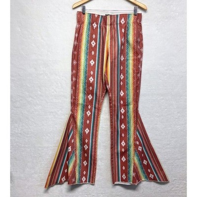 L&B Lucky Blessed Bell Bottom Jeans Red Tribal Print Boho Stretch Flare Denim L