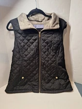 Laura Scott Women’s Black Quilted Zip Up Puffer Vest Gray Fleece Lining  Size L