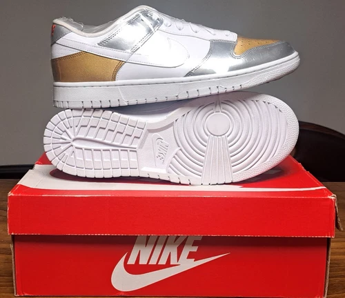 Size 11.5W - Nike Dunk Low SE Gold/White-Silver DH4403-700 Minor Box Damage