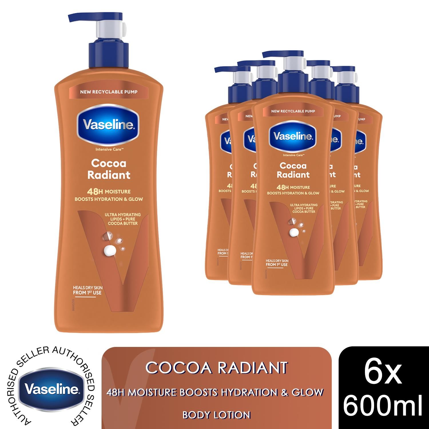 Vaseline Intensive Care Cocoa Radiant Body Lotion, 6 pack, 600ml for Dry Skin