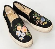 Keds X Rifle Paper Co. Black Floral Beaded Accent Platform Slip on Sneakers Sz6
