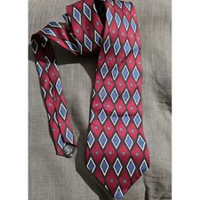 Barrington Mens Silk Tie Red Blue Geometric Diamond Pattern Made in USA Italy