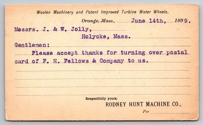 1899 Rodney Hunt Machine Co Woolen Machinery & Water Wheels Orange MA Postcard