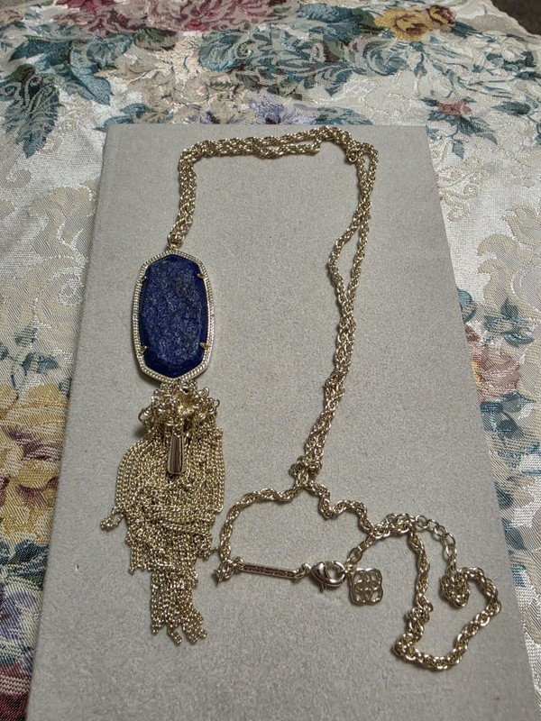 Kendra Scott Rayne Blue Necklace 24 Signed Gold Tone Chain Pendant Tassel