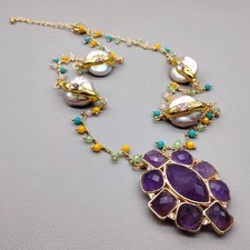 Women Amethyst Pendant Choker Necklace With Natural Coin Pearls Fashion Jewelry
