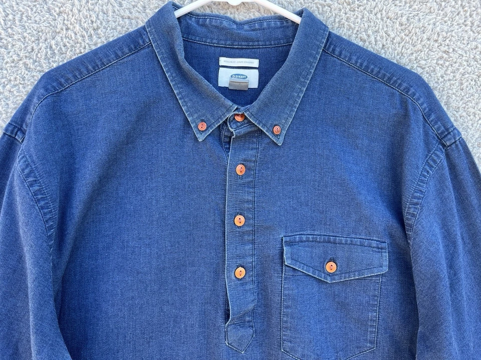 Pullover Old Navy Para Hombres 2XL Azul Cambray Denim Manga Larga 1/4 Botón Frontal Leer Foto 3 de 4
