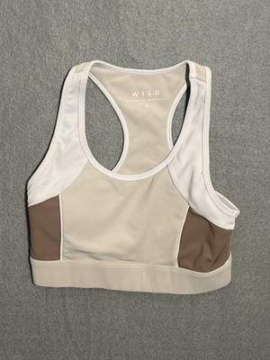 WILO Women's Ribbed Sports Bra S Racerback Activewear Top Beige Brown White
