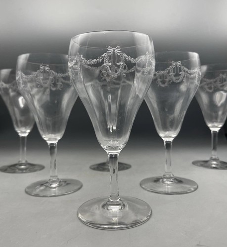 Antiguo juego de 6 copas de agua ópticas de vino grabado Central Glass Works - Imagen 1 de 9