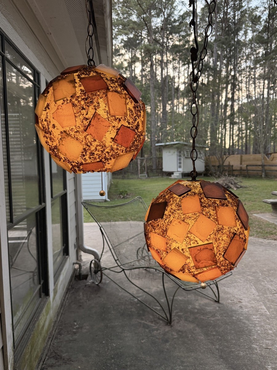 Pair Lucite Rock Candy Swag Lamp 1960s MCM Chunky Hanging Globes