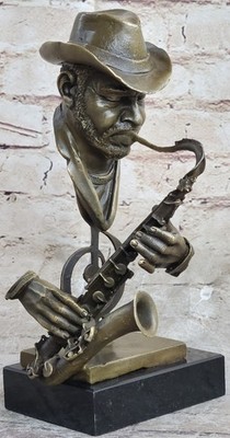 Saxophone Player Jazz Musician Bronze Statue Sculpture Signed Art Decor Marble