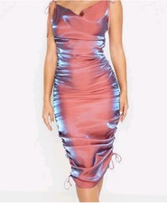 Nwt! Pretty Little Thing Pink Metallic Shimmer Cowel Neck Midi Dress Sz: S