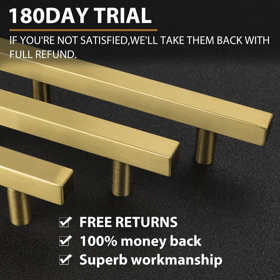 Paquete de 20 tiradores cuadrados de cajón de acero inoxidable cepillado dorado para gabinete de cocina Foto 3 de 4