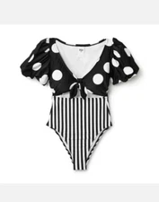 Tabitha Brown for Target Striped/Dot Print Tie-Front One Piece Swimsuit Sz L