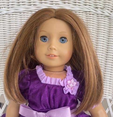 American Girl Doll Emily Bennett Red Hair & Blue Eyes With Purple Holiday Dress