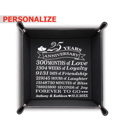 PERSONALIZE-25 Years Anniversary-Engraved Silver Color on Black Leather Tray
