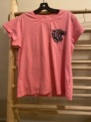 ERMANNO SCERVINO T-Shirt Size L Embroidered Tiger Head Hot Pink 100% cotton A3