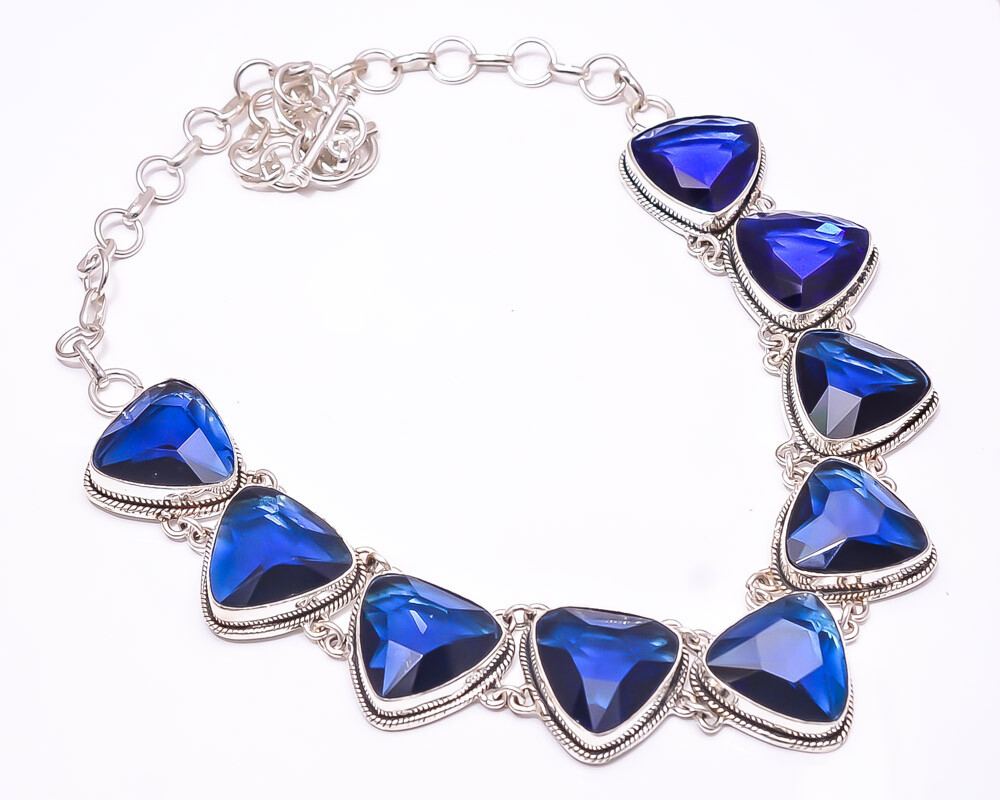 Blue Sapphire -Simulated Gemstone 925 Sterling Silver Bali Necklace 16-17.99