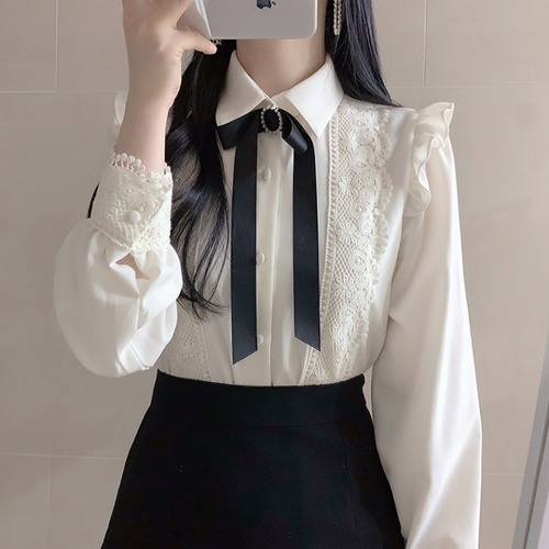 Ruffled Autumn Spring Wear Women Single Breasted Button Solid Collar Top White - Picture 13 of 13