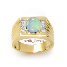 Natural Opal & CZ Gemstone With 14K Gold Plated Silver Ring for Men's #551