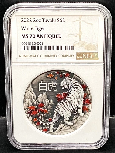 2022 Tuvalu Antiqued 2oz Silver White Tiger NGC MS70 $2 Coin