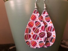 Faux Leather Earrings- Easter Pattern- Tear Drop Design
