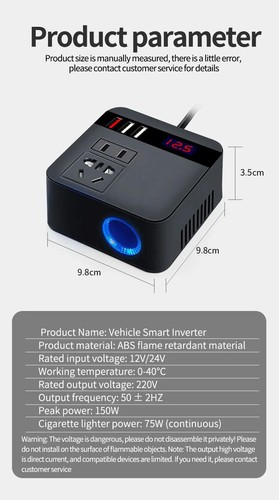 Car Inverter 150W Peak DC12V/24V 110V/220V Sockets Power Adaptor Fast Charging - Zdjęcie 9 z 15