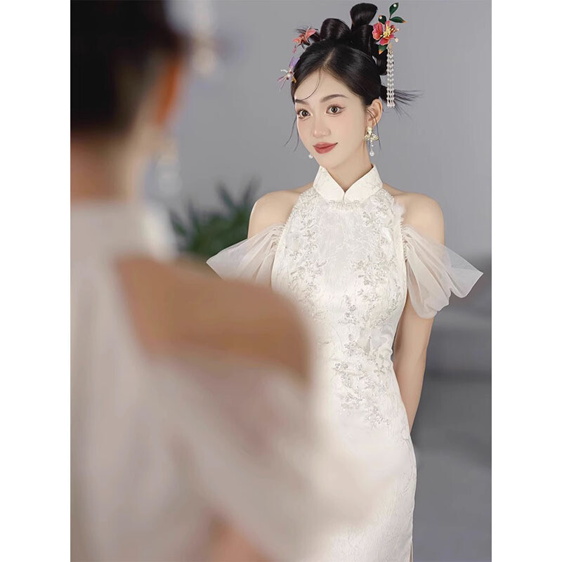 Halter Neck Lace Bridal Fishtail Evening Dress Chinese Style