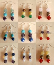 Pretty 6/8/10/12mm Multicolor Gemstone Round Beads Dangle Silver Hook Earrings