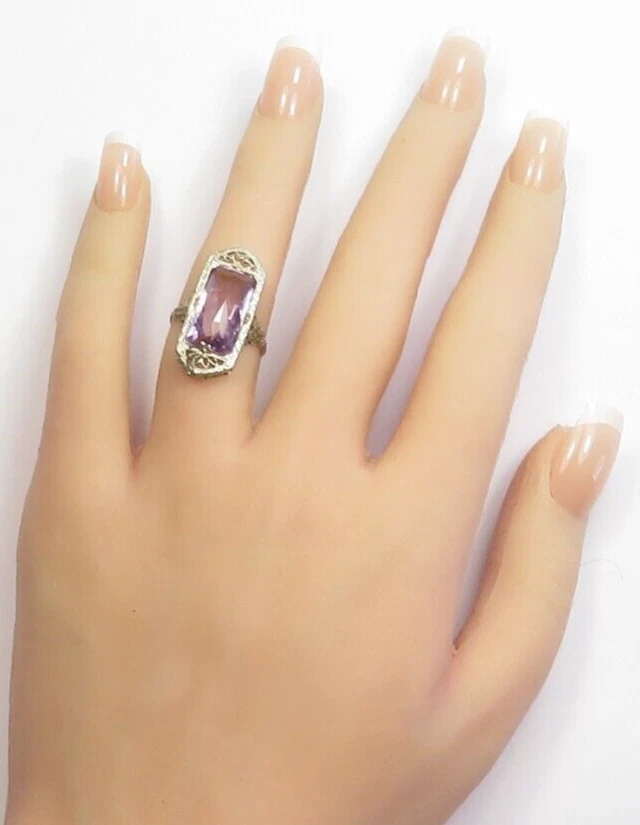 Antiguo anillo de filigrana de oro blanco de 13 quilates amatista de 1920 talla 6 UK-L1/2 5,64 CT decorativo Foto 2 de 4