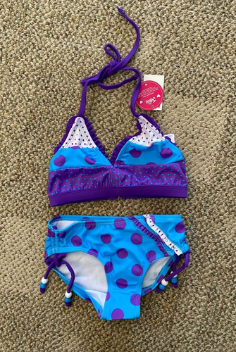 Justice Two Piece Bikini Swimsuit Swim Suit 0122 Purple/Turq Polka Dot Size 6