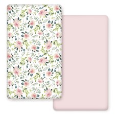 Jersey Knit Fitted Crib Sheets 2 PCS Stretchy Mattress Pad Pink Rose Print