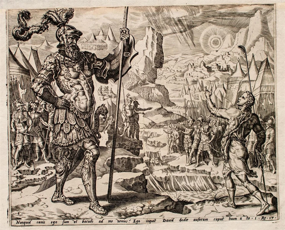 Marten von Heemskerk nach David gegen Goliath Bibel Orig Kupferstich Mitte 16 Jh - Bild 3 von 3