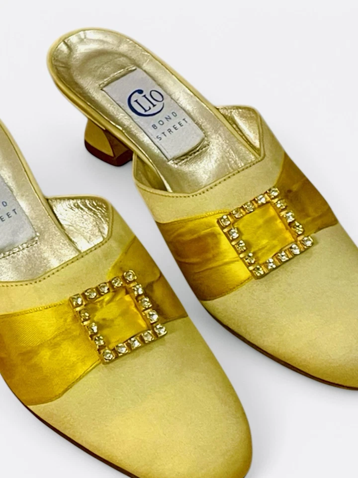 Salto vintage década de 1960 cetim dourado gatinho mules slip on couro veludo diamante 37 - Imagem 2 de 4