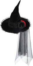 KIHOARL Halloween Witch Hat with Veil Rose Lace Pointed Wide Brim...