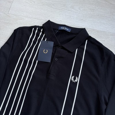 BNWT Fred Perry Long Sleeve Striped Polo Shirt Black White Mens Size Extra Large
