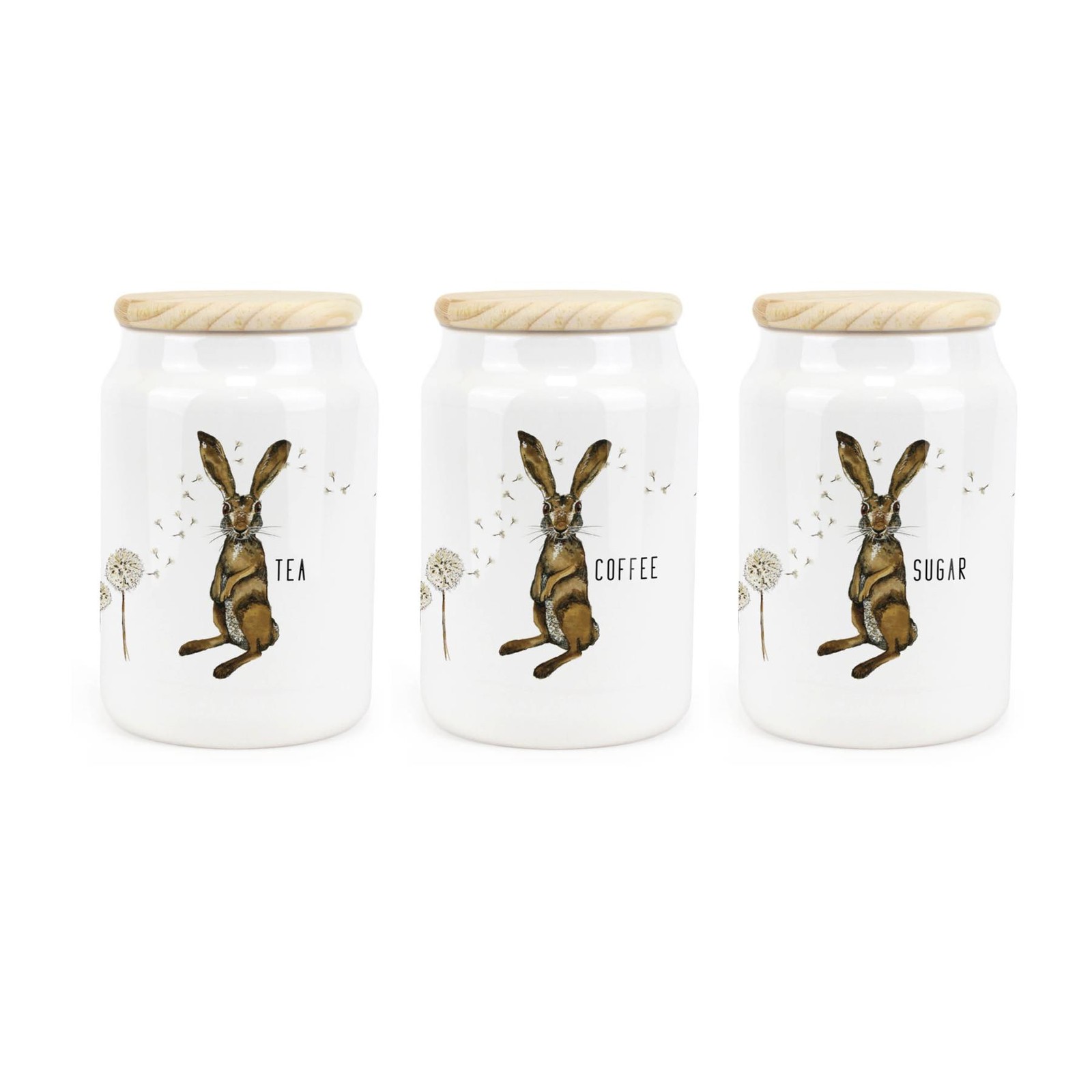 Ceramic Tapered Hares & Dandelions Canisters - Tea, Coffee & Sugar Storage Pots