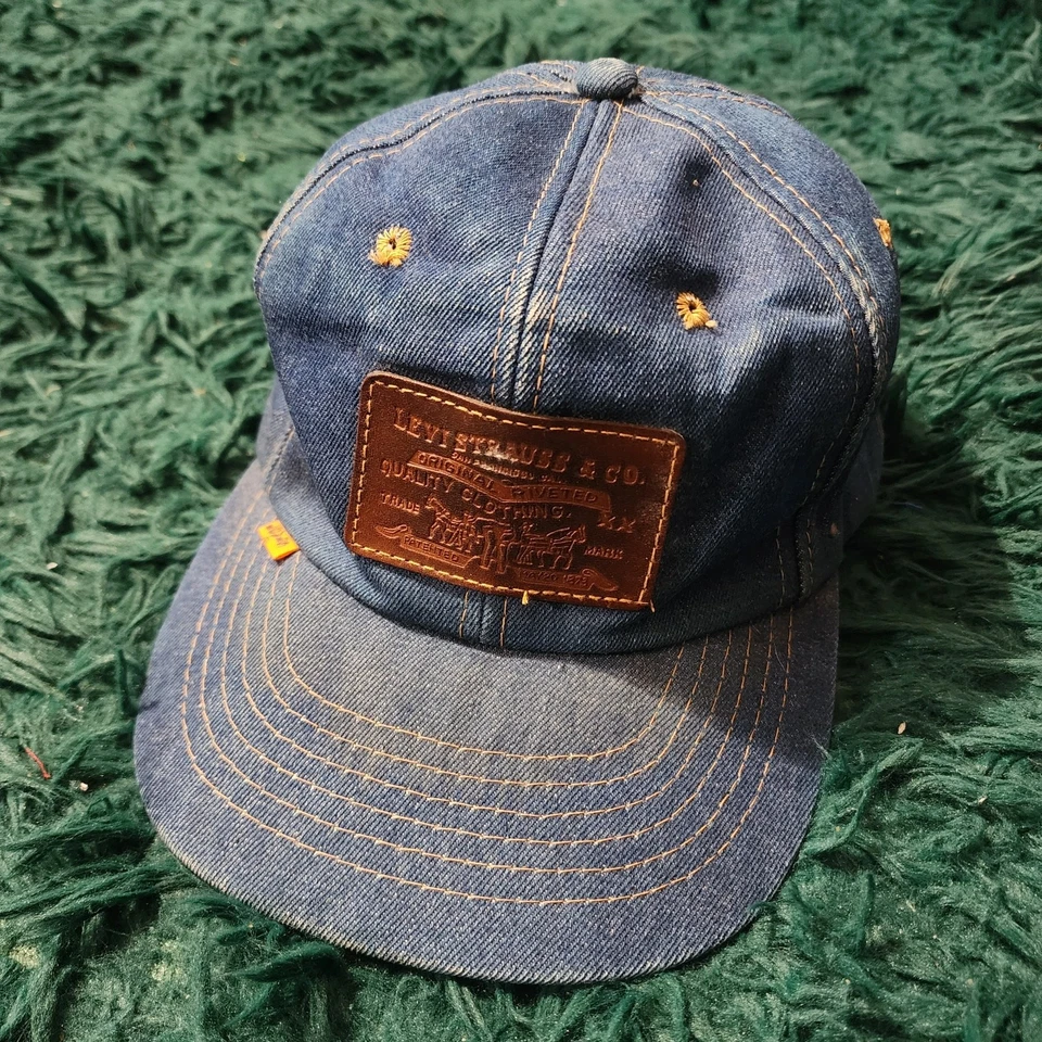 De colección Levi’s Denim Snapback Sombrero Naranja Pestaña Cuero Parche Gorra Foto 2 de 4