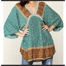 NWT GiGio Women's Medium Tunic Bohemian Top Tassels Crochet Boho Teal Rust