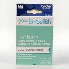 BROTHER P-TOUCH EMBELLISH TZE-R234 SATIN RIBBON GOLD ON WHITE NEW FREE SHIPPING